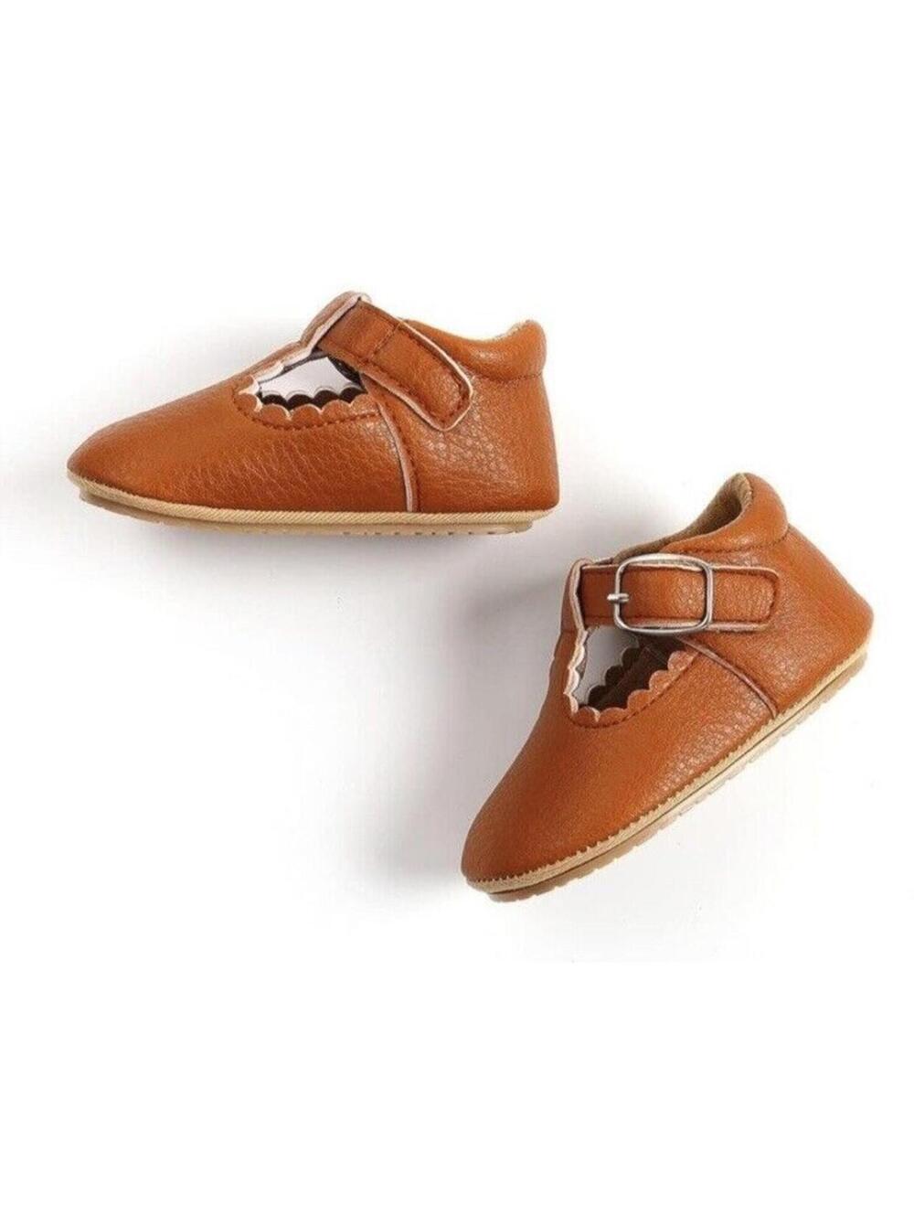 Baby Girl Pre-Walking Shoes 0-6 Month Mary Jane Brown Tan Soft Anti-Slip With Wh - Picture 4 of 6